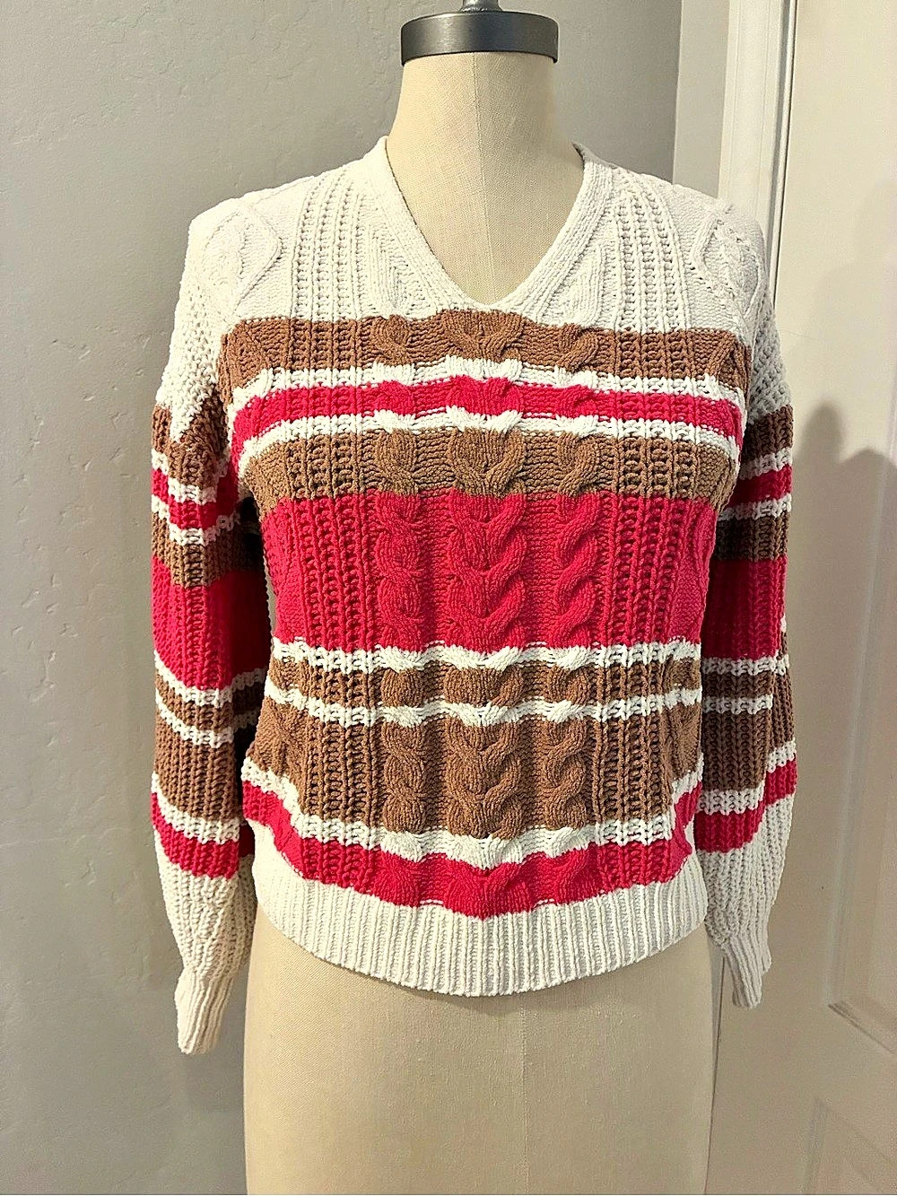 derek heart Striped Lace-Up V-Neck Sweater in Red & Brown Like New Size L